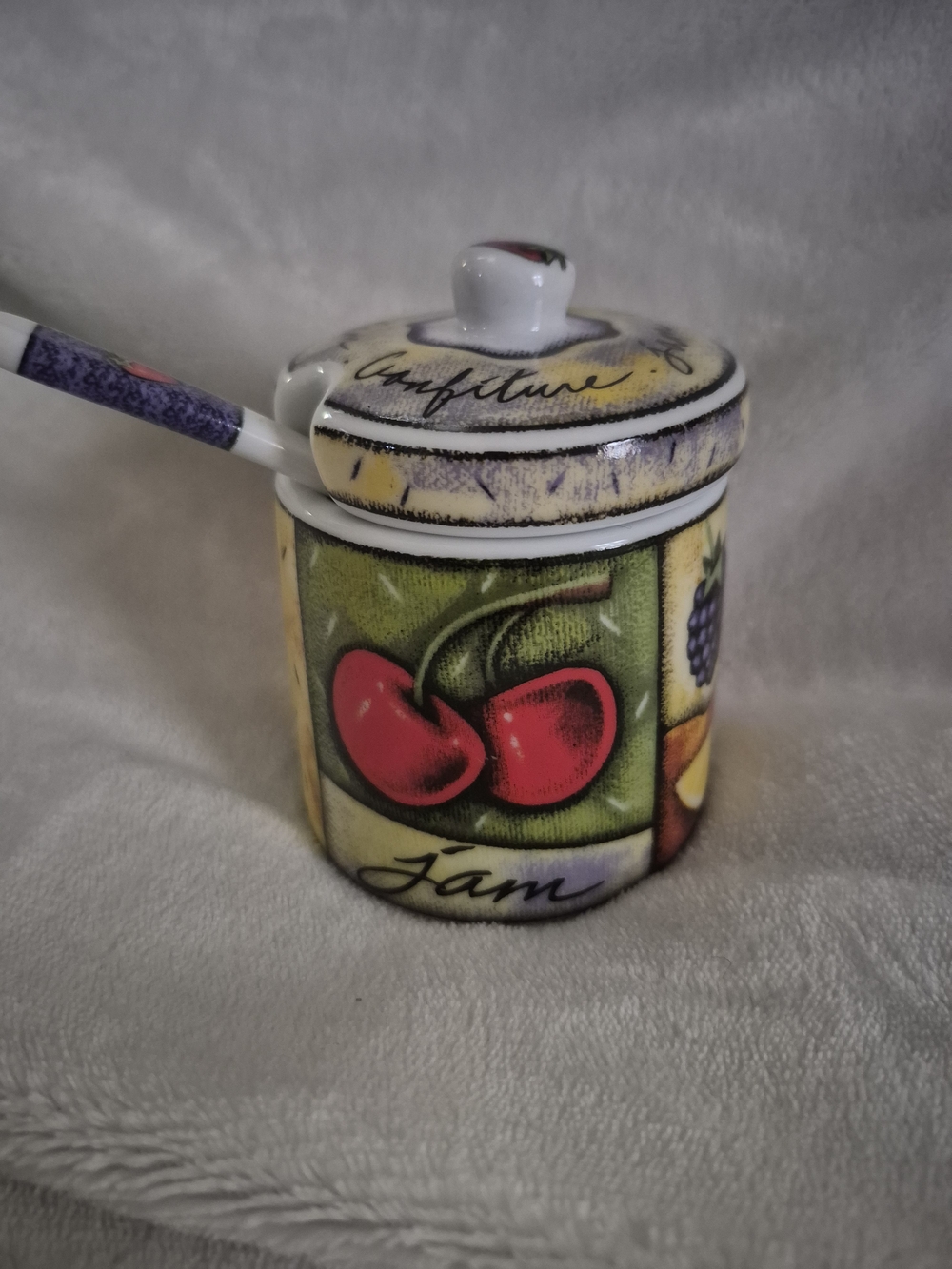 Ceramic Jam Jar with Lid and Spoon - Red Cherry Design